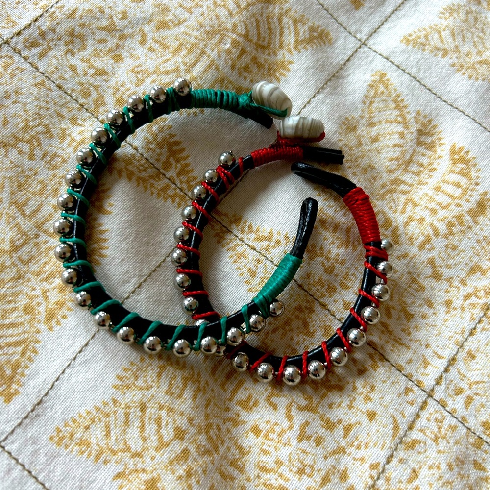 2 Colorful cord-wrapped Leather Bracelets w/ Plastic Bead Loop Closures